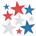 The Glittered Foil Star Cutouts are made of cardstock and printed on two sides, one side glittered. They're red, silver, and blue with a shimmery finish. 3 measure 5 inches, 3 measure 9 inches, and 3 measure 12 inches. Contains nine (9) per package.