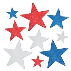 The Glittered Foil Star Cutouts are made of cardstock and printed on two sides, one side glittered. They're red, silver, and blue with a shimmery finish. 3 measure 5 inches, 3 measure 9 inches, and 3 measure 12 inches. Contains nine (9) per package.