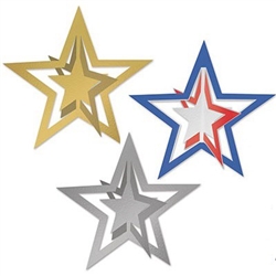 These multi-dimensional 3-D Foil Hanging Stars are available in gold, silver or a multicolor of red, silver and blue.  Each star measures 12 inches in diameter and you will receive two hanging stars per package.