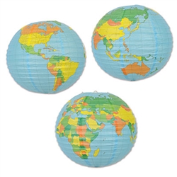 Throw an international party or just celebrate the entire world by decorating with this Globe Paper Lantern at your party! This hanging decoration is sure to catch the eye of all your guests. It measures 15.5 inches and comes one per package.