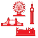 The London Silhouettes are printed in red on a white double sided cardstock material, making for great wall or door decorations.   Four different silhouettes included in each pkg, ranging in size from 11 inches to 16 inches.