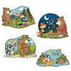 Your woodland friends are out and ready to party! Camping in the woods, roasting marshmallows, enjoying a hike and relaxing in the water are the scenes you will see on these cutouts! The cutouts measure approximately 15-16 inches and come four per package