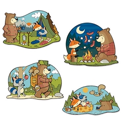 Your woodland friends are out and ready to party! Camping in the woods, roasting marshmallows, enjoying a hike and relaxing in the water are the scenes you will see on these cutouts! The cutouts measure approximately 15-16 inches and come four per package