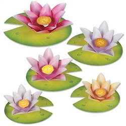 The Water Lily Paper Flowers are made of colorful cardstock. Sizes range from 7 1/2 inches to 10 3/4 inches. Contains (5) per package. Assembly required.