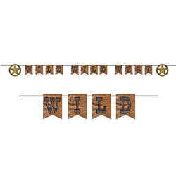 The Wild Wild West Streamer is made to resemble real wood. It reads "Wild Wild West" with two decorative stars for each end. Made of cardstock and measures 10 feet long. Contains 1 cord, 12 cards, and 2 stars. 1 streamer per pack. Simple assembly required