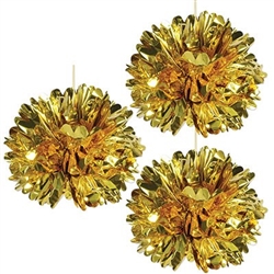 The Metallic Fluff Balls (Gold) are made of a shiny foil and measure 16 inches in diameter. Contains three (3) pieces per package. Simple assembly required.