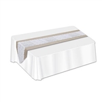 The Lace & Burlap Table Runner is made of fabric and is faux burlap with an intricate white lace design. It measures 12 inches wide and 6 feet long. Contains one per package.