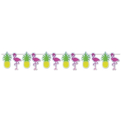 The Flamingo & Pineapple Streamer is made of cardstock coated in silver glittered film. Each streamer measures 9 inches tall and 12 feet long. It's alternating flamingos and pineapples. Simple assembly required. Contains one per package.