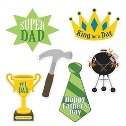 The Father's Day Cutouts are made of cardstock and printed on two sides. Sizes range in measurement from 13 1/4 inches to 16 1/2 inches. Contains 6 pieces per package.