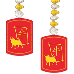 2021 is the year of the OX, and you'll be ready to celebrate with these 2021 Year Of The Ox Danglers>
Each package includes 2 30 inch long danglers featuring traditional Red and Gold dangler on gold and silver foil dangles.
Printed both sides.