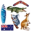 The Australian Cutouts are made of cardstock and printed on two sides. Sizes range in measurement from 12 1/4 inches to 19 3/4 inches. Includes a kangaroo with a joey, boomerang, surfboard, koala, Australian flag, and a crocodile. Contains 6 per package.