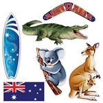 The Australian Cutouts are made of cardstock and printed on two sides. Sizes range in measurement from 12 1/4 inches to 19 3/4 inches. Includes a kangaroo with a joey, boomerang, surfboard, koala, Australian flag, and a crocodile. Contains 6 per package.