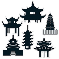 The Pagoda Silhouettes are towers with many tiers and represent temples or sacred buildings in Asian cultures. They are made of cardstock and sizes range in measurement from 11 inches to 14.5 inches. Contains 6 pieces per package.