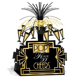 The Great 20's Centerpiece is made of cardstock and is black with gold accents. It has champagne glasses around the top with black and gold foil fringe on top. Measures 8 1/2 in by 13 in. One per pack. Easily assembled.