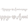 The Foil Happy Anniversary Streamer - Silver has silver script lettering with a heart icon. Its made of foil coated cardstock and printed on two sides. Measures 7 1/2 inches tall and 6 feet long. One (1) streamer per package. Simple assembly required.