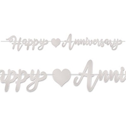 The Foil Happy Anniversary Streamer - Silver has silver script lettering with a heart icon. Its made of foil coated cardstock and printed on two sides. Measures 7 1/2 inches tall and 6 feet long. One (1) streamer per package. Simple assembly required.