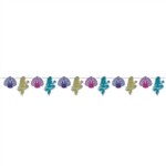 The Mermaid & Seashell Streamer features seashell and mermaid shaped cutouts on a 12 foot string. Printed against a shimmering silver prismatic background, the brightly colored mermaids and seashells make a colorful streamer. 1 streamer per package