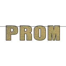 The Prom Streamer is made of cardstock and measures 14 1/4 inches tall and 6 feet long. It's gold with a black outline. Simple assembly required. Contains one (1) per package.