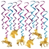 The Unicorn Whirls are an assortment of cerise, purple, and blue metallic spiral whirls and 6 have a cardstock cutout of a gold unicorn attached to the end and 6 are plain whirls. Measurements range from 17 inches to 31 1/2 inches. 12 pieces per package.