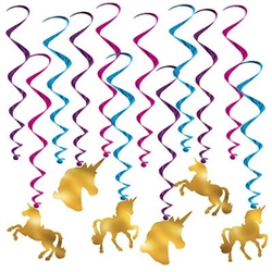 The Unicorn Whirls are an assortment of cerise, purple, and blue metallic spiral whirls and 6 have a cardstock cutout of a gold unicorn attached to the end and 6 are plain whirls. Measurements range from 17 inches to 31 1/2 inches. 12 pieces per package.