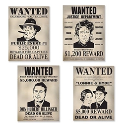 The Gangster Wanted Sign Cutouts are made of cardstock and measure 11 1/4 inches wide and 15 1/4 inches tall. Printed on one side. Contains 4 pieces per package.