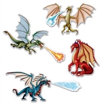 The Dragon Cutouts (7 per pkg) are made of cardstock and printed on two sides. Sizes range in measurement from 8.5 inches to 20.5 inches. Contains 7 pieces per package, including 4 dragons, 1 fire spray, 1 ice spray, and 1 water spray.