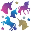 The Unicorn Cutouts are made of cardstock and sizes range in measurement from 2 1/4 inches to 13 1/4 inches. Printed two sides- one side glittered. Each package includes 5 unicorn cutouts and 5 star cutouts. Total of ten (10) pieces per package.