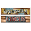 The Vintage Circus Banners are made of all weather plastic. Each banner measures 15 inches tall and 5 feet long. One reads "The Greatest Spectacle on Earth" and the other reads "Circus Fantastical Feats to Dazzle & Delight". Contains 2 per package.
