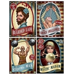 The Vintage Circus Poster Cutouts are made of cardstock and printed on one side. They measure 11 1/2 inches wide and 15 1/4 inches tall. Contain 4 posters per package. Including the strong man, the bearded lady, the sword swallower, the mystic madam.