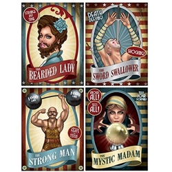 The Vintage Circus Poster Cutouts are made of cardstock and printed on one side. They measure 11 1/2 inches wide and 15 1/4 inches tall. Contain 4 posters per package. Including the strong man, the bearded lady, the sword swallower, the mystic madam.