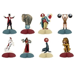 The Vintage Circus Mini Centerpieces are made of cardstock with a tissue base. Measure 5 inches. The various characters include the weight lifter, snake woman, ringmaster, clown, lion, horse, and elephant. 8 pieces per package. Completely assembled.