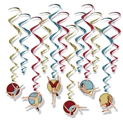 The Vintage Circus Whirls are assorted red, blue and gold metallic spiral whirls. 6 have cardstock cutouts attached to the end and 6 are plain whirls. Sizes range in measurement from 17 inches to 32 inches. Contains 12 pieces per package. Fully assembled.