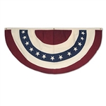 The Americana Fabric Bunting is red, white, and blue and decorated with stars and stripes. Has three grommets for easy, secure hanging. Made of fabric and measures 4 feet. Colors are not bleed resistant. One per package.