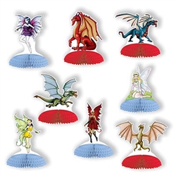 The Fantasy Mini Centerpieces are made of cardstock and have a tissue base. Sizes range in measurement from 4 inches to 5 inches. Includes 4 dragon designs and 4 fairy designs. Total of 8 pieces per package. Completely assembled, opens full round.