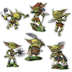 The Goblin Cutouts are green, muscular and dressed for battle. They are made of cardstock and measure between 12 and 14 inches. Printed on two sides. Contains 6 cutouts per package.