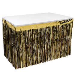 Dress your table for party success with this Black and Goldr 2-Ply, Flame Resistant, Metallic Table Skirting! <br/><br/>14 feet long with 30 inch long tassels, reusable with care.