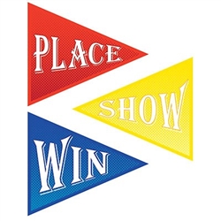 The Win, Place & Show Cutouts are made of colorful cardstock and are blue, red, and yellow. They measure 15 inches at the widest point and 17 1/2 inches long. Printed on two sides. Contains 3 per package.