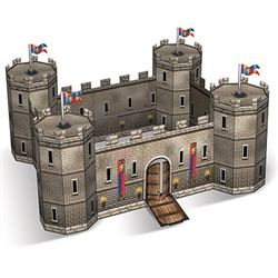 The 3-D Castle Centerpiece is made of cardstock and measures 14 1/2 inches by 18 inches and stands 9 inches tall. Contains one per package. Assembly required- instructions included.