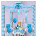 1st Birthday Party Canopy - Blue provides a blue accent  for the gift or cake table at any little boy's first birthday celebration. Fully assembled, simply open and hang. Covers up to a 20 square ft area. Light blue garlands attached to 1st birthday signs