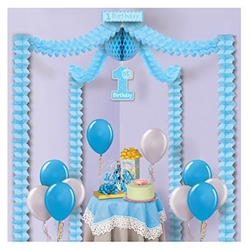 1st Birthday Party Canopy - Blue provides a blue accent  for the gift or cake table at any little boy's first birthday celebration. Fully assembled, simply open and hang. Covers up to a 20 square ft area. Light blue garlands attached to 1st birthday signs