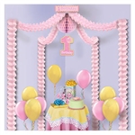 1st Birthday Party Canopy - Pink makes it quick and easy to decorate for a little girl's party. Perfect to hang over a gift or cake table, this fully assembled hanging decoration includes pink tissue garlands, pink tissue ball, and printed card stock sign