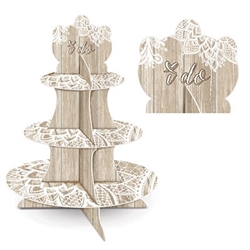 The Wedding Cupcake Stand is made of cardstock and has a rustic wood appearance and an intricate white design and reads "I Do" at the top. Measures 16 in tall. Bottom tier- 12 in, middle tier- 9 in, and top tier- 6 1/4 in. One per pack. Assembly required.