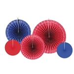 The Bandana Accordion Paper Fans contain assorted bandana, red, and blue paper fans. (2) measure 9 inches, (2) measure 12 inches, and (1) measures 16 inches. Contains five (5) per package.