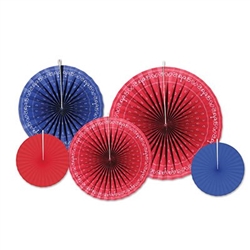 The Bandana Accordion Paper Fans contain assorted bandana, red, and blue paper fans. (2) measure 9 inches, (2) measure 12 inches, and (1) measures 16 inches. Contains five (5) per package.