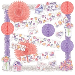 The Mother's Day Decorating Kit is a budget friendly way to decorate an area or event for Mother's Day. Each kit contains over 20 pastel color decorations with floral theme. Contains tissue fans, balls, streamers and printed cutouts and banners.