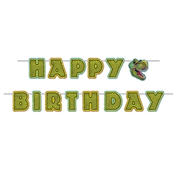 The Birthday Dinosaur Streamer is made of cardstock and measures 6 inches wide and 10 feet long. Happy Birthday is written in green lettering that resembles dinosaur scales. One cord and 14 cards per package. Simple assembly required.