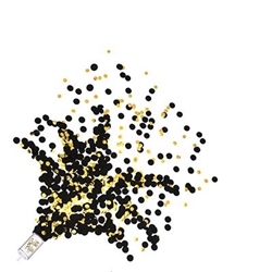 The Push Up Confetti Poppers - Black & Gold is black paper confetti and silver plastic confetti filled in a plastic container. Contains approx. 0.5 ounces per popper. Contains 8 poppers per package. Point away from face and other people.