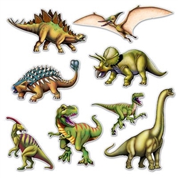 The Dinosaur Cutouts contains 8 different dinosaurs. They are made of cardstock and printed on two sides. Sizes range in measurement from 10 inches to 19 inches. Contains 8 pieces per package.