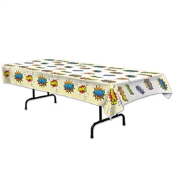 This rectangular plastic table cover is colorfully printed with Pow! Bang! Kaboom! Bam! Great for your next comic themed party, this inexpensive disposable table cover will make cleaning up after your villains or heroes a breeze.