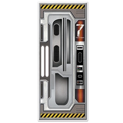 Decorate the door with this Spaceship Door Cover to instantly transform your door into a high-tech spacecraft entrance. It measures 30 inches wide by six feet tall and is good for any type of weather. Comes one decorative door cover per package.